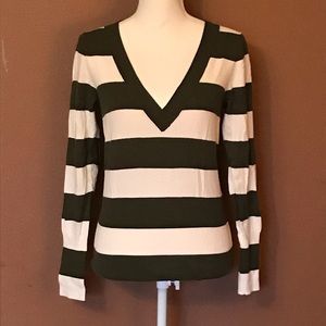 SO Green/Cream Stripped V-Neck Sweater